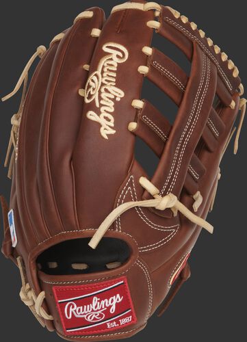 Back of a Nick Markakis Heart of the Hide 12.75-Inch outfield glove with a red Rawlings patch - SKU: PRO435-NM22