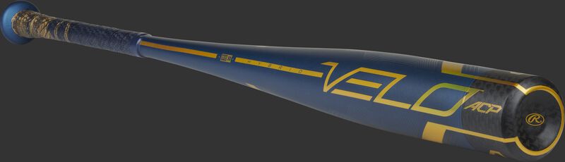 Angled view of a navy Rawlings Velo ACP BBCOR bat with a black end cap - SKU: BB1V3
