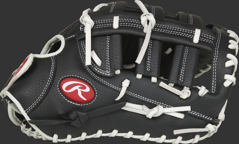 Thumb of a black RSOFBMBW Shut Out 13-inch first base mitt with a black Single Post, Double Bar web