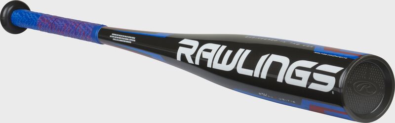 Angled view of a Rawlings USA Threat -12 bat with a black end cap - SKU: US1T12