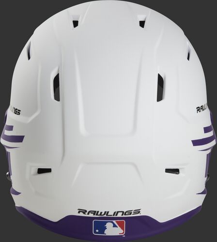 Back of a white/purple Rawlings Mach fastpitch helmet with the MLB logo on the bottom - SKU: MSB13S-W/PU