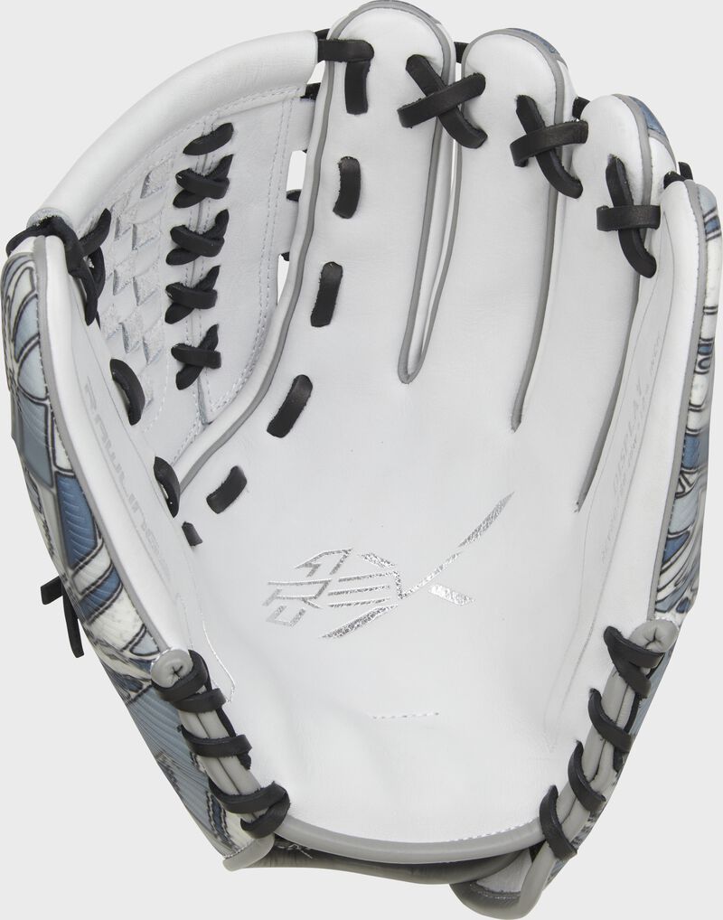White palm of a Rawlings REV1X Fastpitch softball glove with black laces - SKU: REV207SB-18W loading=