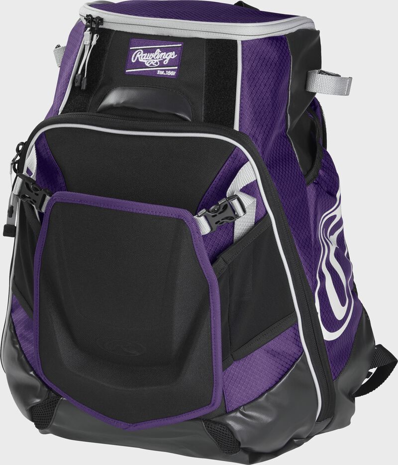 Front left of a purple VELOBK Rawlings Velo equipment backpack with an Oval R logo on the side compartment