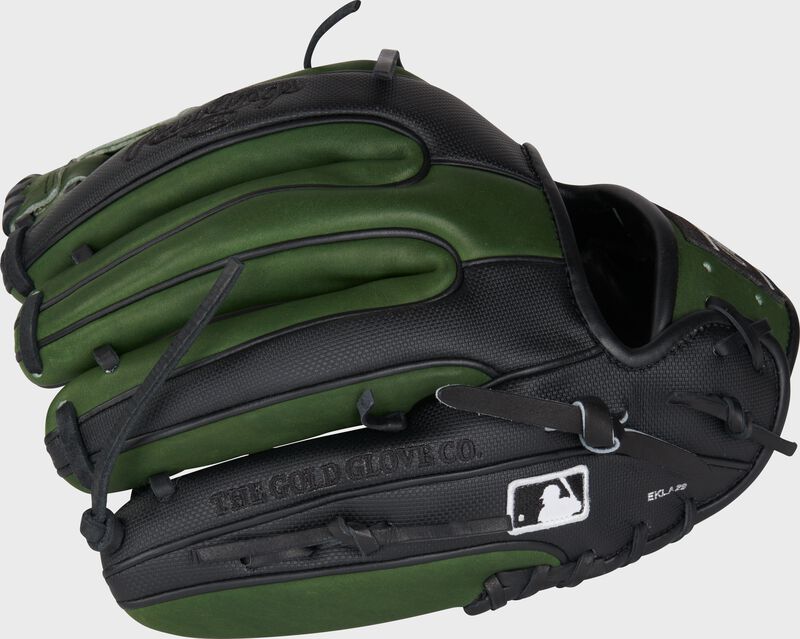 Military Green back of a Rawlings Heart of the Hide R2G 11.75" infield glove with the MLB logo on the pinky - SKU: PROR315-19BMG
