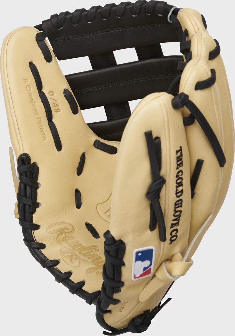 Inside thumb of a Brandon Crawford Pro Preferred H-web glove with an individual 0/48 stamp on the thumb - SKU: PROS204-BC35 image number null