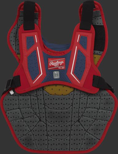 Back harness of a scarlet/navy CPV2N intermediate Velo 2.0 chest protector with Dynamic Fit System 2.0