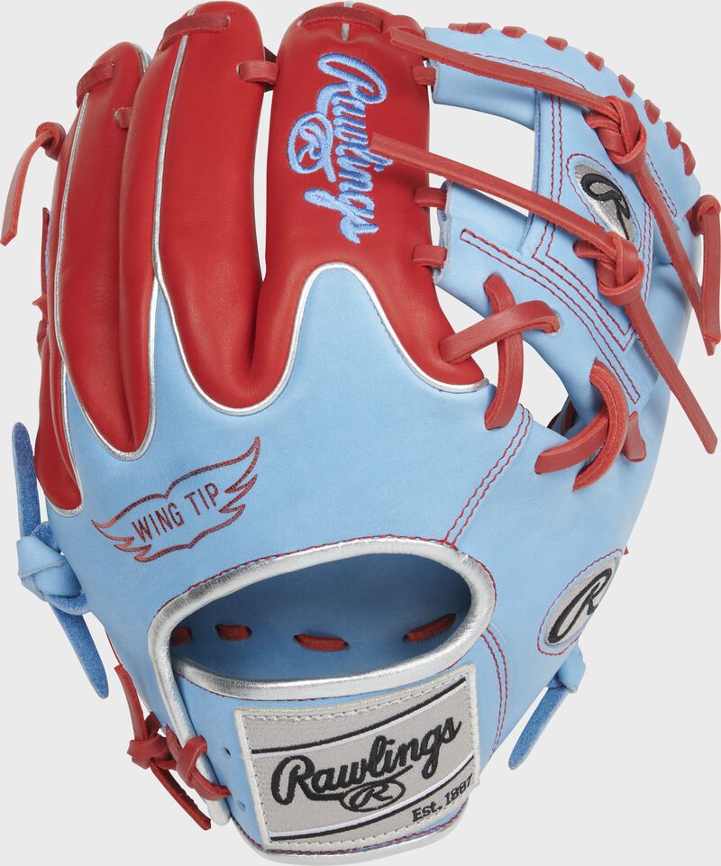 Wing tip back of a Columbia Blue/scarlet HOH R2G 11.5-Inch infield glove with a silver Rawlings patch - SKU: RSGPROR204W-2CBS