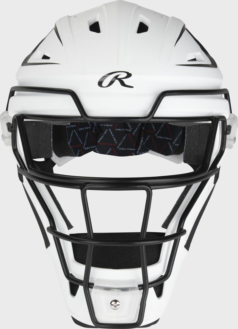 A white/black velo catcher's mask