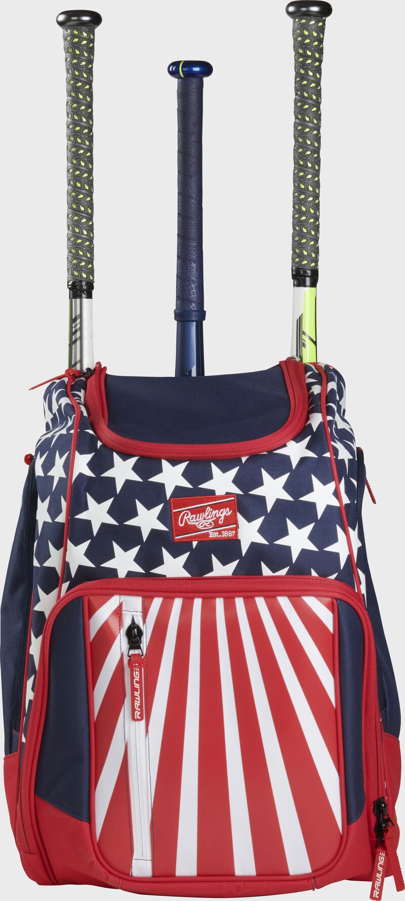 Front view of red, white, and blue Rawlings Legion Backpack with baseball bats - SKU: LEGION