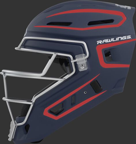 Left side of a navy/scarlet CHV27J Rawlings hockey style Velo 2.0 catcher's helmet