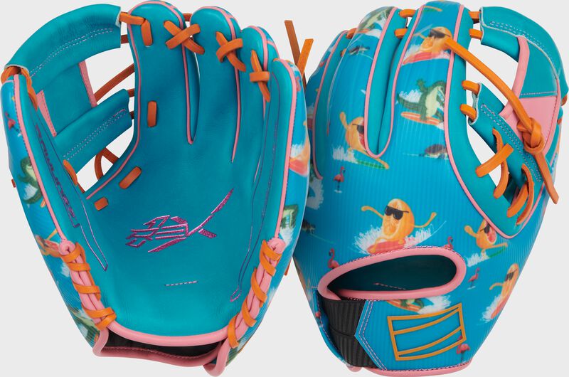 Two images showing the palm & back of a teal Rawlings 11.75-Inch REV1X Florida Spring Training Glove