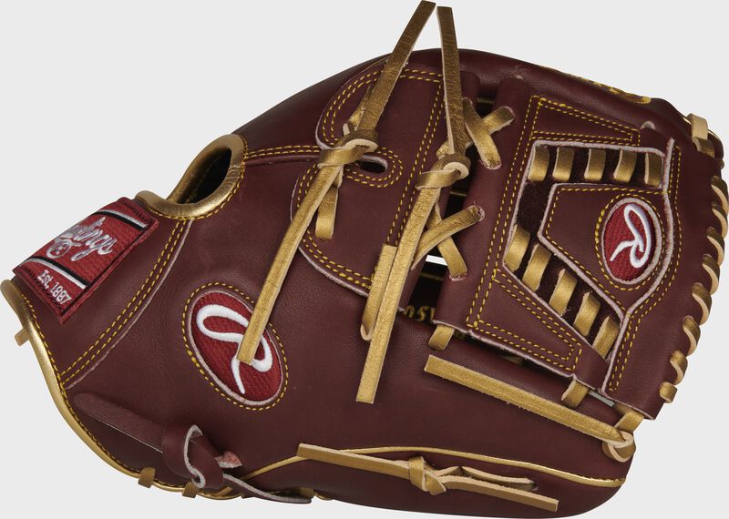 Thumb of a maroon 2020 exclusive Heart of the Hide R2G infield/pitcher's glove with metallic gold laces - SKU: PROR205W-30SHG
