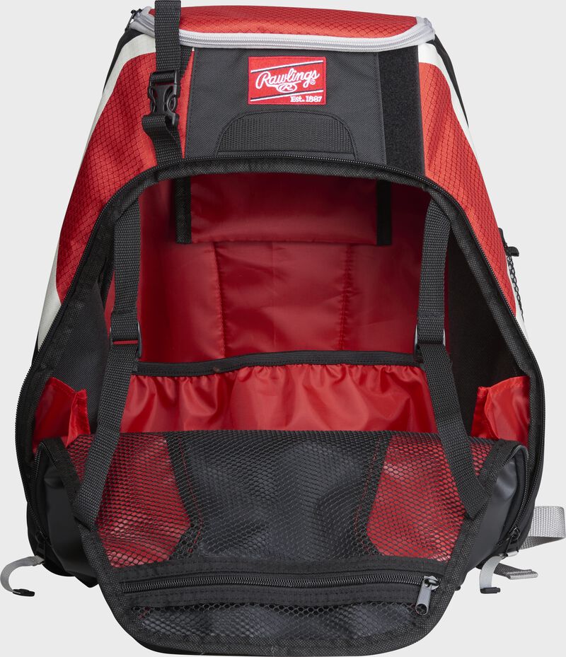 An open R500 Rawlings Players equipment backpack with scarlet interior