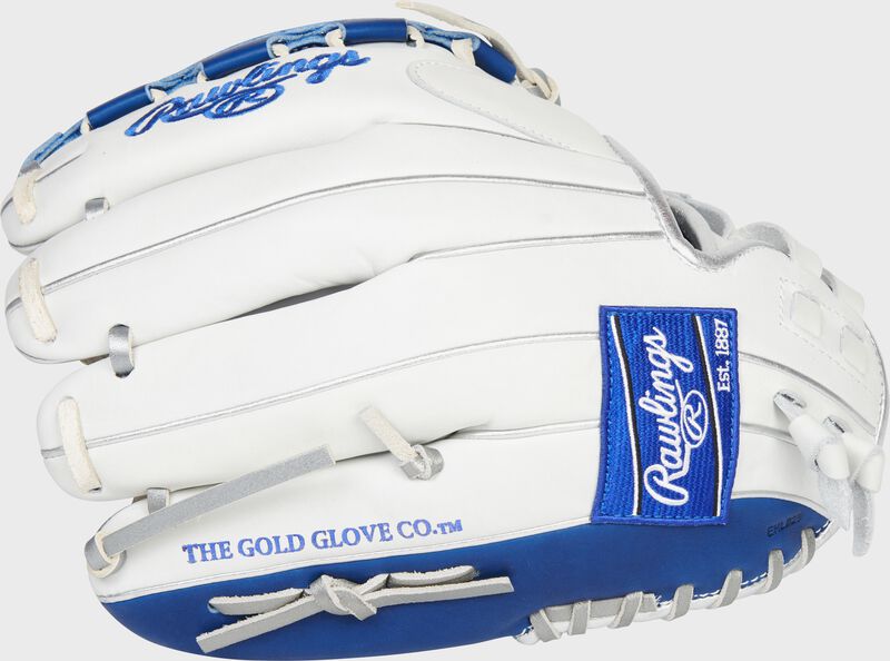 Back of a white Liberty Advanced Color Series 12-Inch glove with a royal Rawlings patch - SKU: RLA120-3WRP
