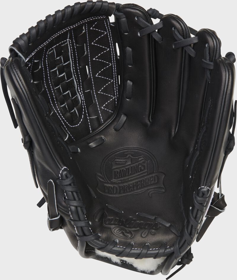 Black palm of a Rawlings Gerrit Cole Pro Preferred glove with black laces - SKU: RSGPROS1000-GC45
