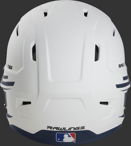 Back of a white/navy Rawlings Mach fastpitch helmet with the MLB logo on the bottom - SKU: MSB13S-W/N