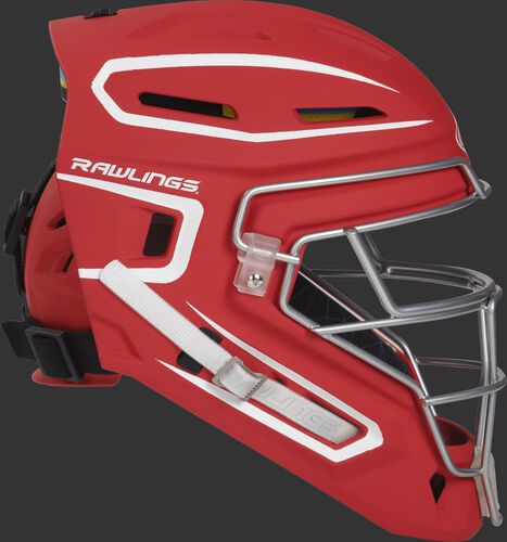 Right side of a scarlet CHMCHS Mach senior size catcher's helmet