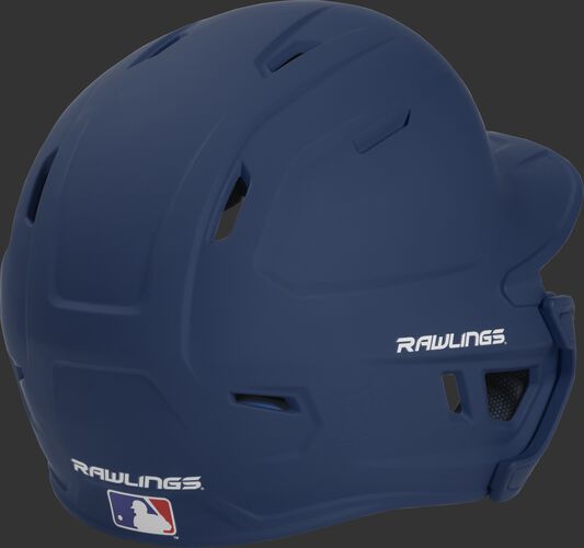 Back right of a matte navy MACHEXTL Rawlings junior size batting helmet
