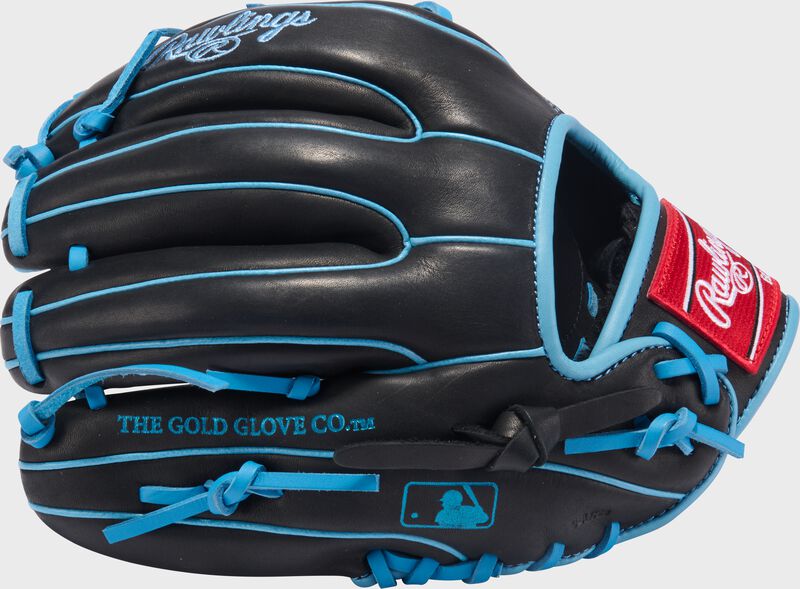 Black back of a R9 Series 11.5-Inch Infield Glove with the MLB logo on the pinky