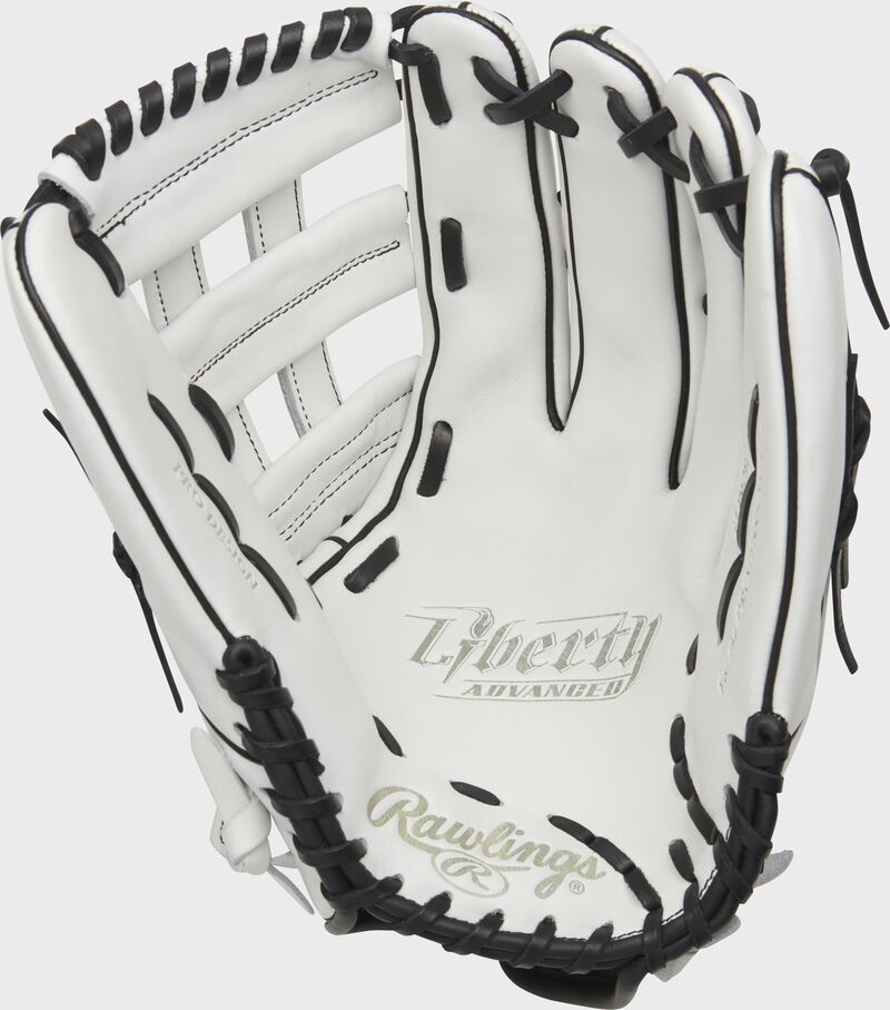 Shell palm view of black and white 2021 Liberty Advanced 13-inch fastpitch outfield glove