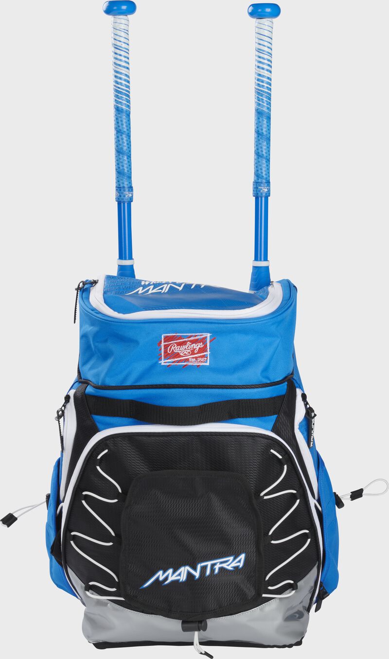 Front view of a light blue Rawlings Mantra Softball Backpack with bats - SKU: R800