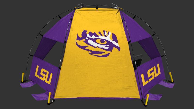 A LSU Tigers sun shelter set up on a beach with a chair, football, cooler and water bottle - SKU: 00973035111