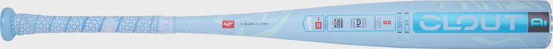 Side image of a Rawlings Clout USSSA -8 bat with the Clout logo on the barel