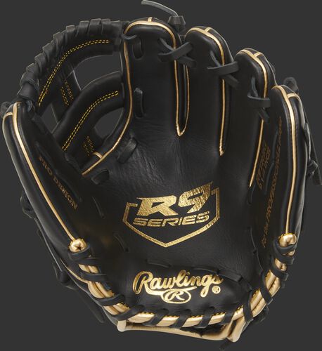 Palm of a black Rawlings R9 training glove with a gold palm stamp and black laces - SKU: R9TRBG