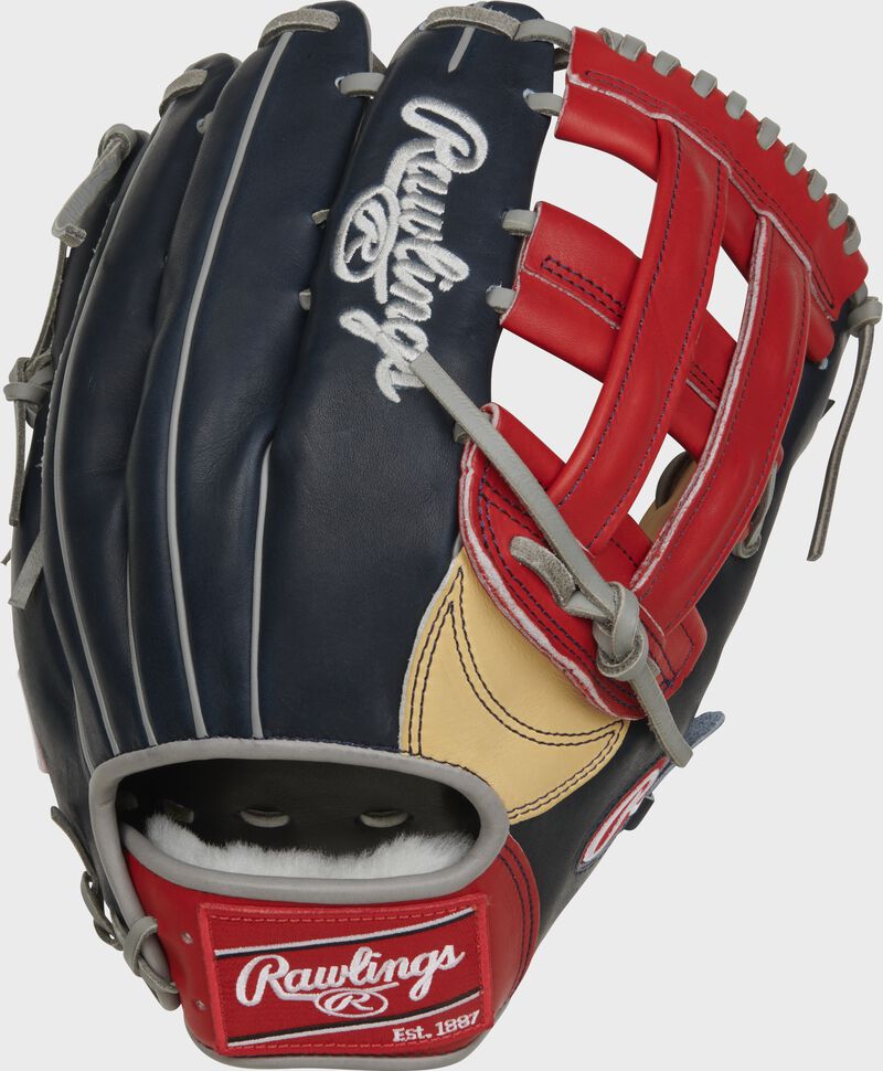 Navy back of a Ronald Acuna Pro Preferred 12.75" H-web outfield glove with a red Rawlings patch - SKU: PROSRA13C loading=