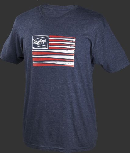 A navy Rawlings bat flag short sleeve shirt with an American flag themed logo printed on the chest - SKU: FLM3
