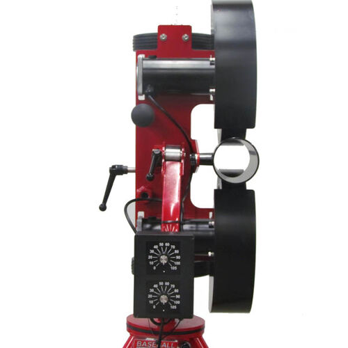 Back of Rawlins Red Spin Ball Pro 2 Wheel Adjustable Combination Pitching Machine Showing Adjustable Speeds and Ball Insert SKU #RPM2C1