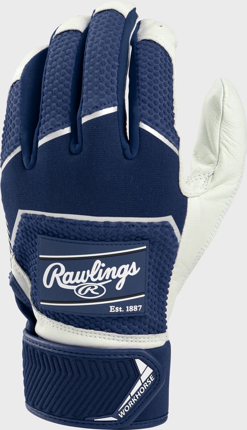 Back of a navy 2022 workhorse batting glove with a navy Rawlings patch - SKU: WH22BG-N