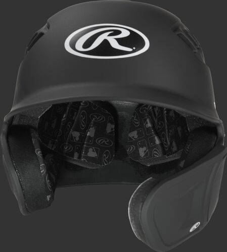 Front of a Velo baseball helmet with an Oval-R logo and extension piece for a right-handed batter - SKU: R6E07L