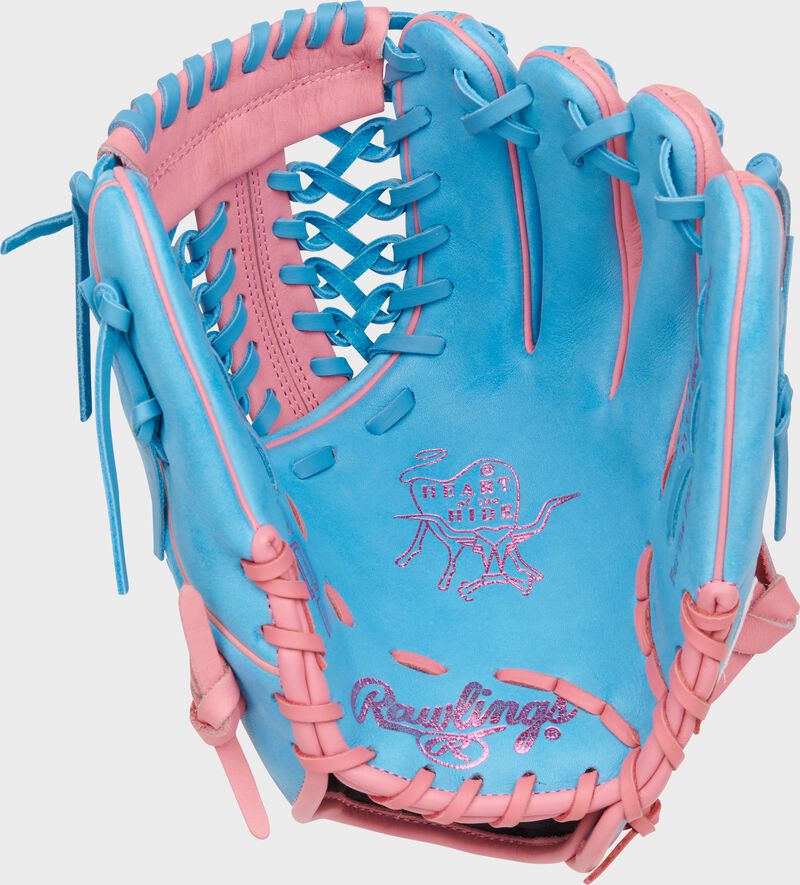 Columbia blue palm of a Rawlings Heart of the Hide R2G glove with pink stamping and Columbia blue & pink laces - SKU: PROR204-4CBP