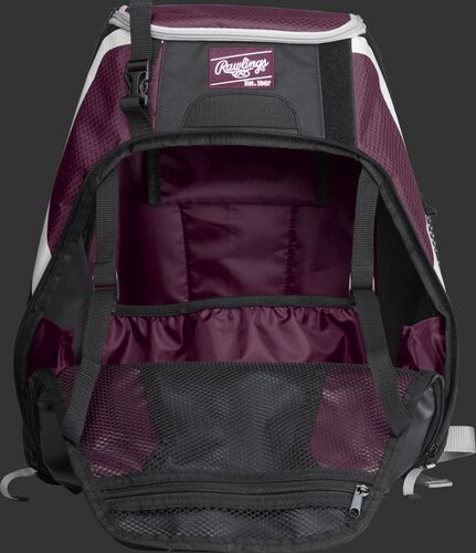 An open R500 Rawlings Players equipment backpack with maroon interior