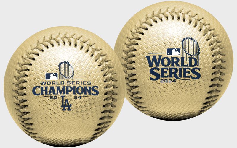 Two images showing a 2024 Los Angeles Dodgers World Series Champions gold replica baseball