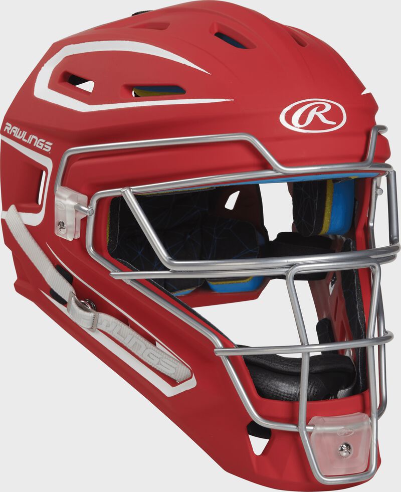 Front right-side view of Rawlings Mach Catcher's Helmet - SKU: CHMCH