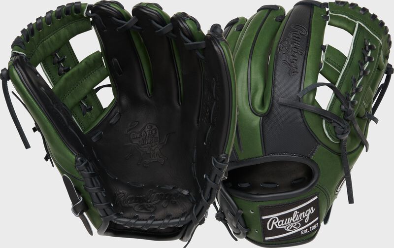 2 views showing the palm and back of a military green/black Heart of the Hide R2G 11.75" infield glove - SKU: RPROR315-19BMG