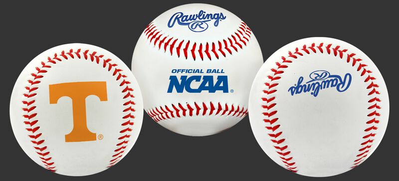 3 views of a NCAA Tennessee Volunteers baseball with a team logo, NCAA logo and Rawlings logo