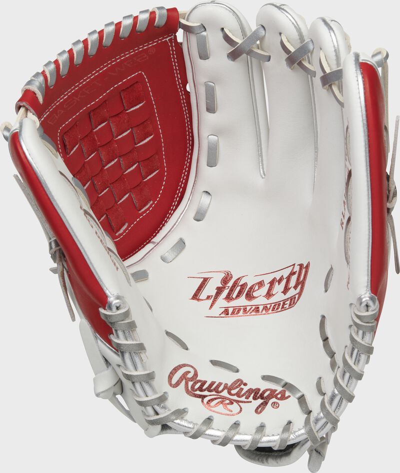 White palm of a Rawlings Liberty Advanced Color Series glove with platinum laces and scarlet stamping - SKU: RLA120-3WSP loading=