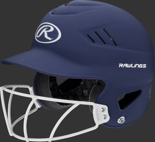 A navy RCFHLFG Coolflo batting helmet with a white facemask