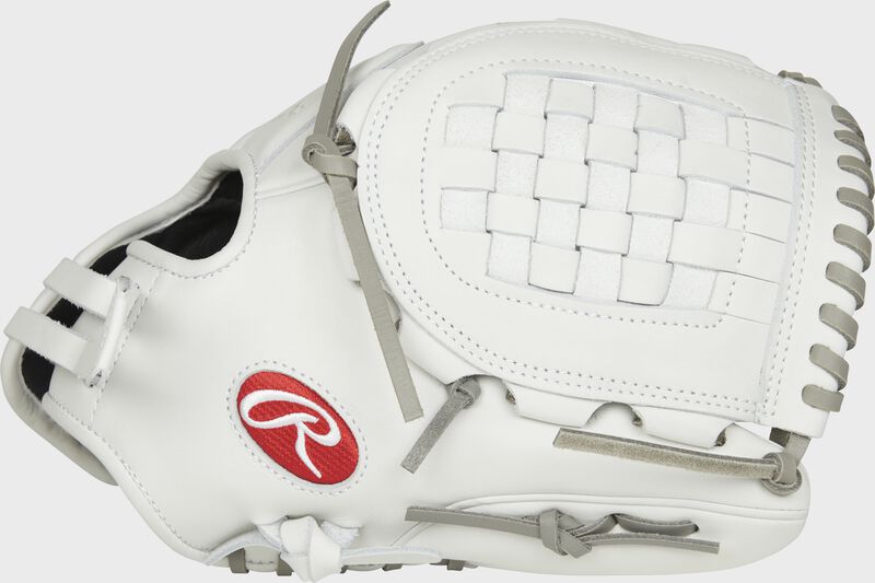 Thumb view of a white RLA120-3WG Liberty Advanced 12-inch softball glove with a white Basket web
