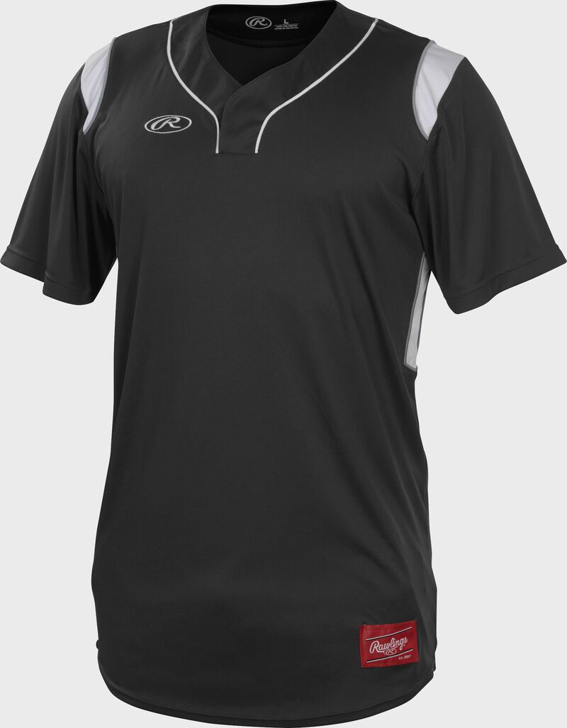 A black Rawlings short sleeve hidden button jersey with white shoulder inserts - SKU: HBJ-B
