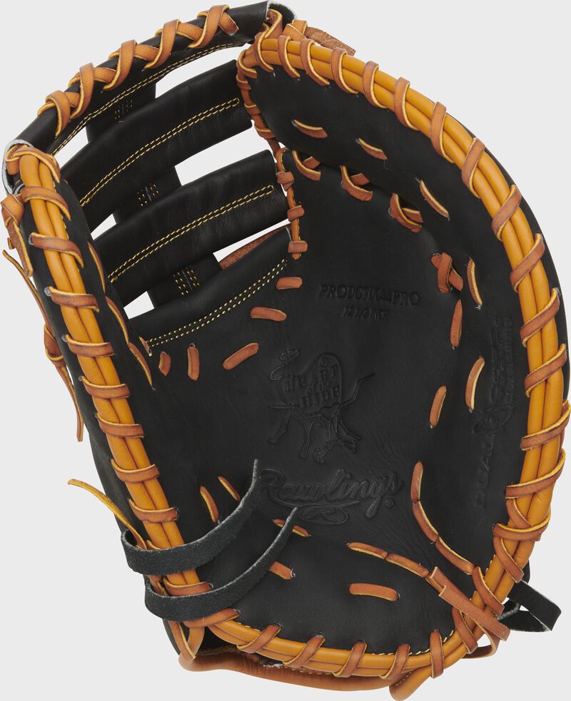 Palm of a black Rawlings HOH 1st base mitt with tan laces and tan binding - SKU: PRODCTDC44PRO