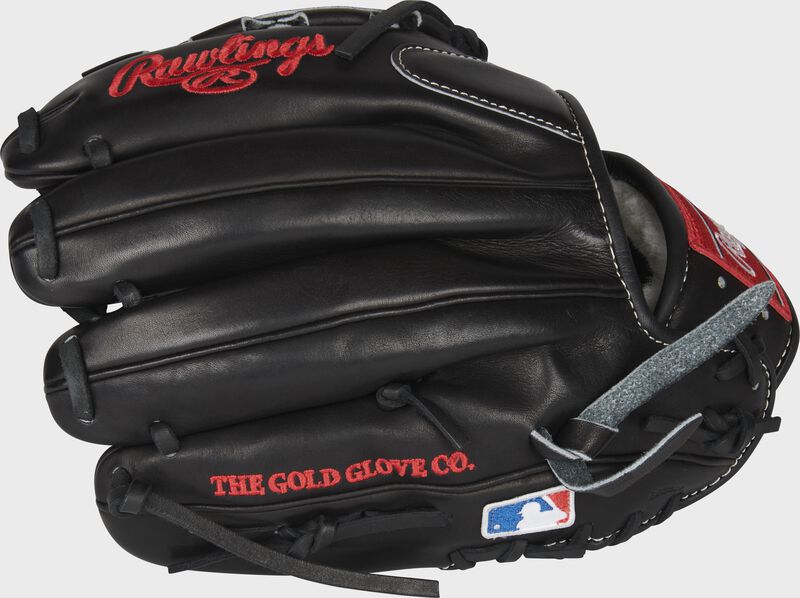 Back of a black Pro Preferred 11.75-Inch infield/pitcher's glove with the MLB logo on the pinky - SKU: RSGPRO1175-3KBPRO