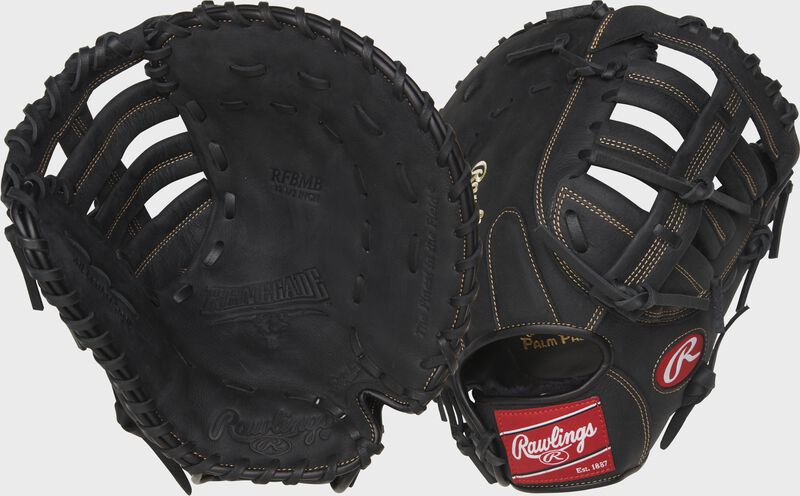 Two images showing the palm & back of a black Renegade 12.5" first base mitt