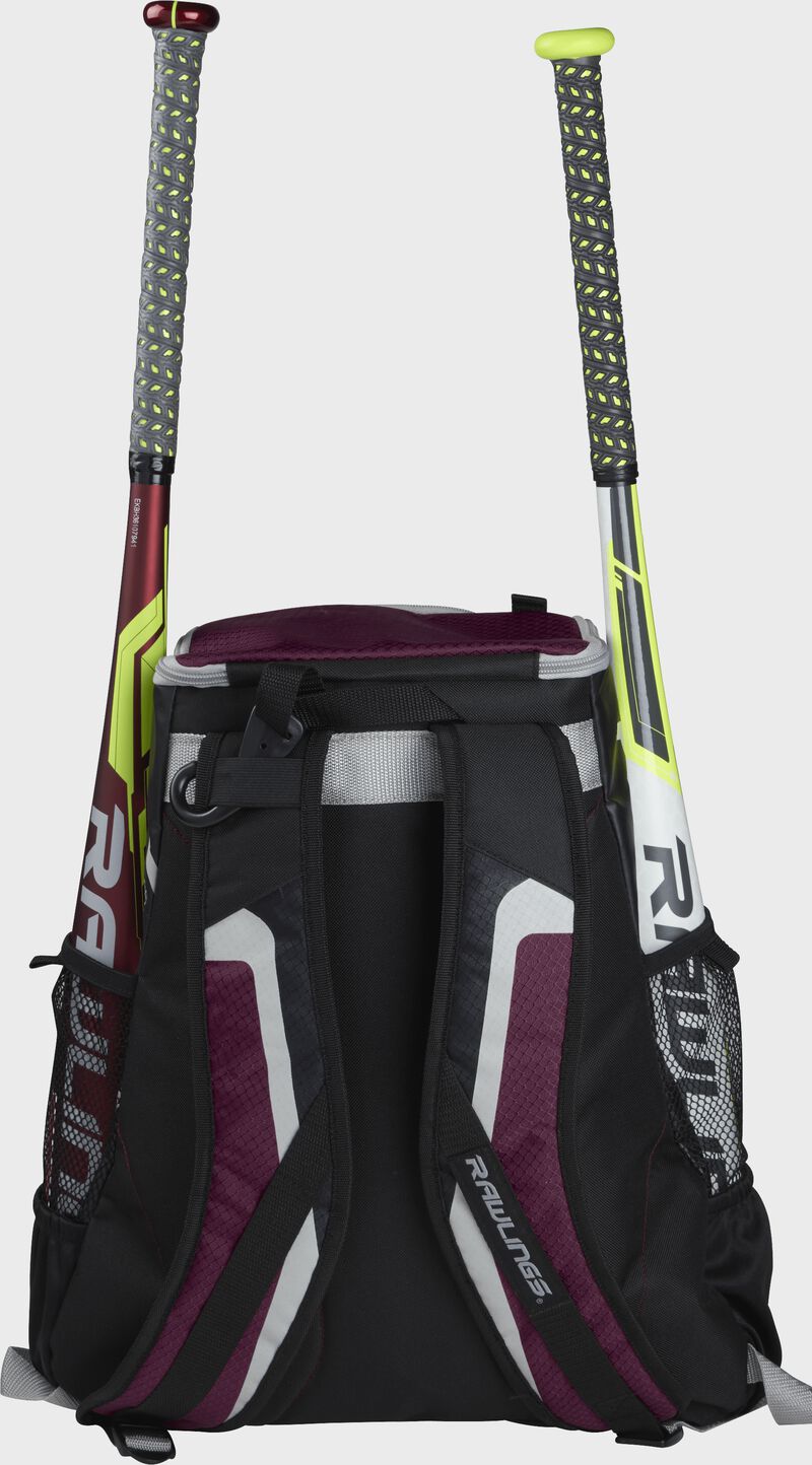 Back of a black/maroon R500 team backpack with two bats in the side sleeves