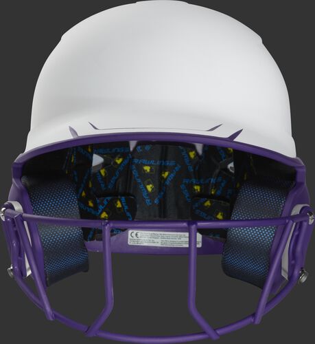 Front of a white/purple Mach fastpitch softball helmet with a purple mask - SKU: MSB13S-W/PU