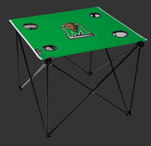 A green NCAA Marshall Thundering Herd deluxe tailgate table with four cup holders and team logo printed in the middle SKU #00713036111