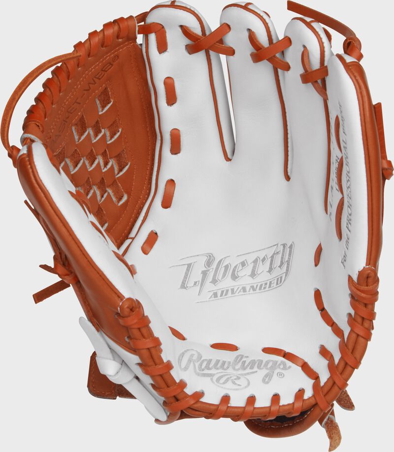 Palm view of a white RLA120-3WO Rawlings 12-inch infield/pitcher's softball glove with orange laces